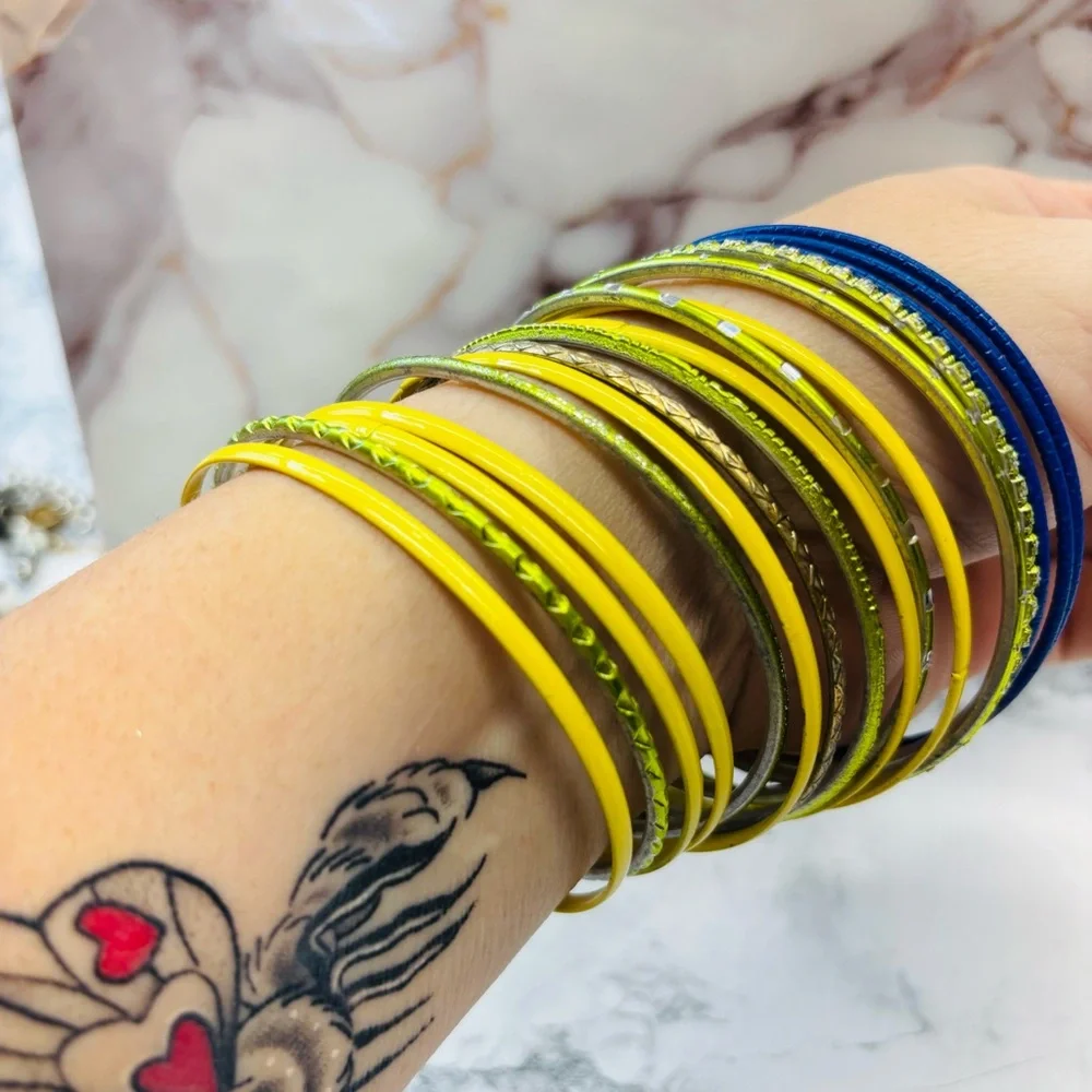 Bohemian Green Yellow and Blue Bangle Set of 16